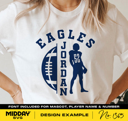 Football team template shirt design featuring player silhouette, football, and customizable text for Cricut and Silhouette projects.