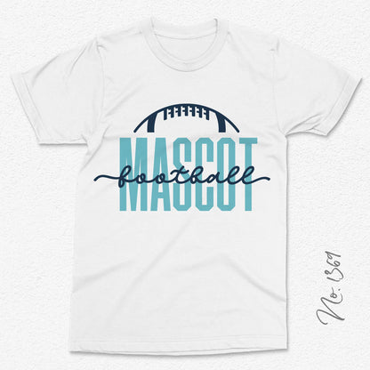 White t-shirt featuring 'Mascot Football' design with a stylized football graphic, ideal for team spirit apparel.