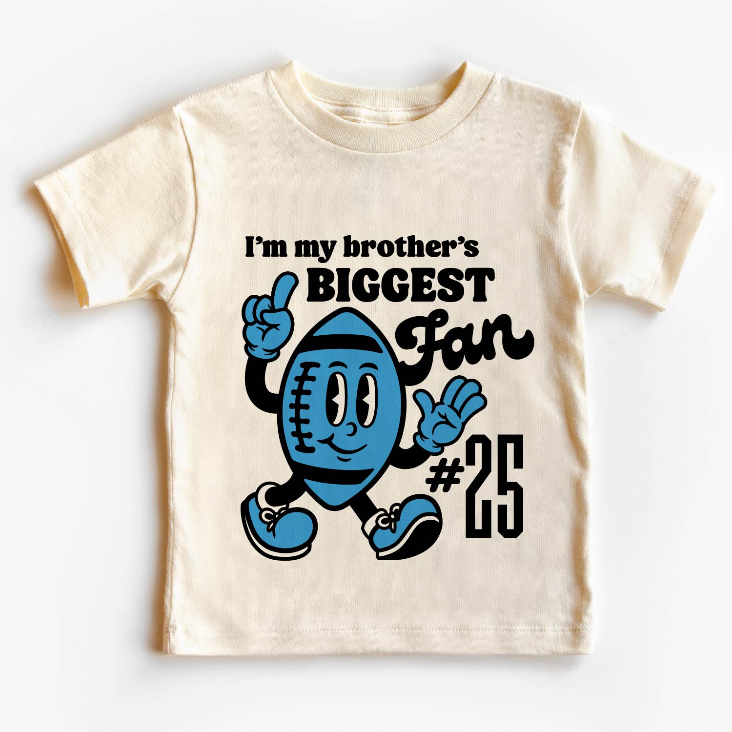 Children's t-shirt with vintage cartoon football mascot, text reads "I'm my brother's biggest fan #25" in bold font.
