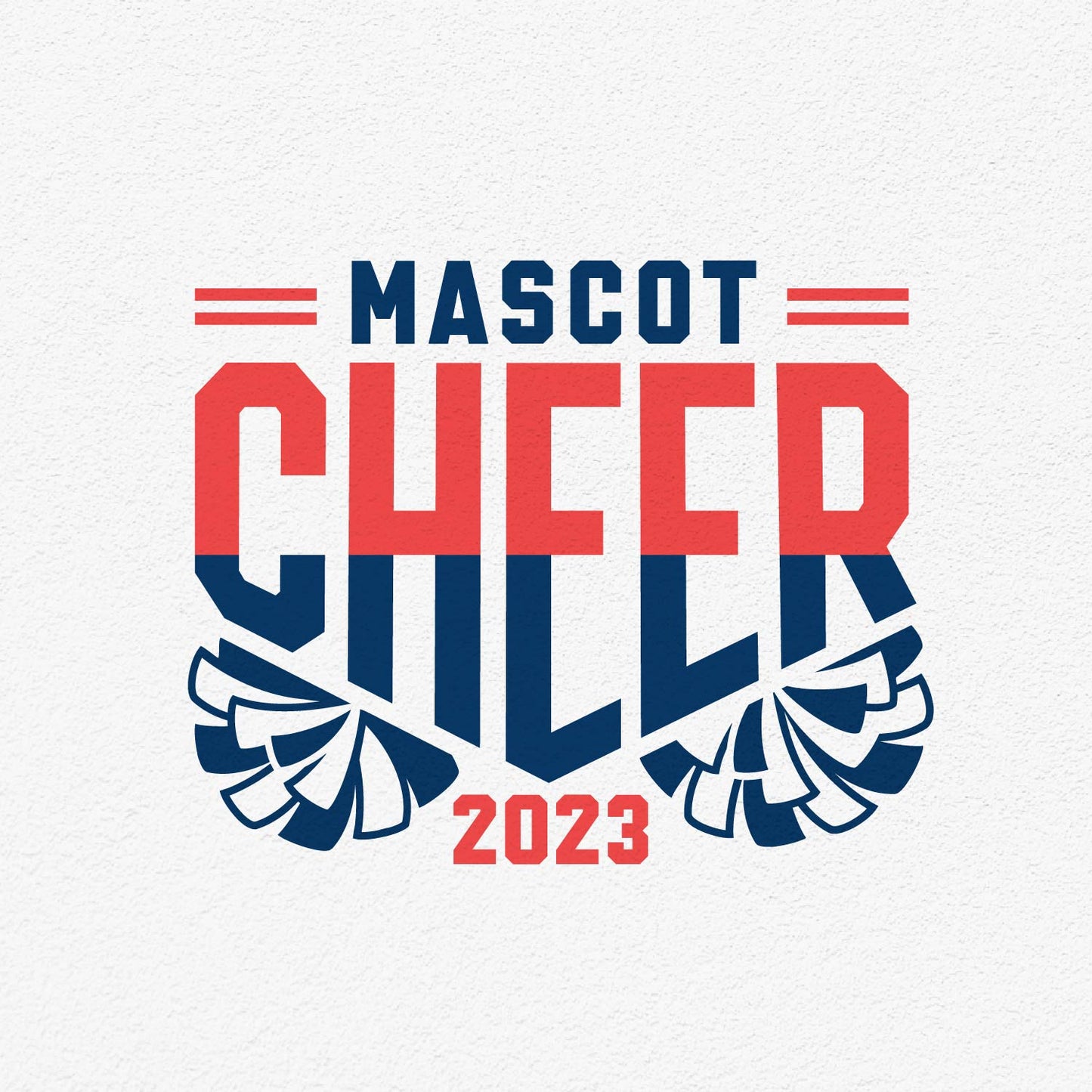 Cheerleading design with pom poms, customizable SVG for team templates, featuring bold text 'Mascot Cheer 2023,' ideal for crafts and apparel.
