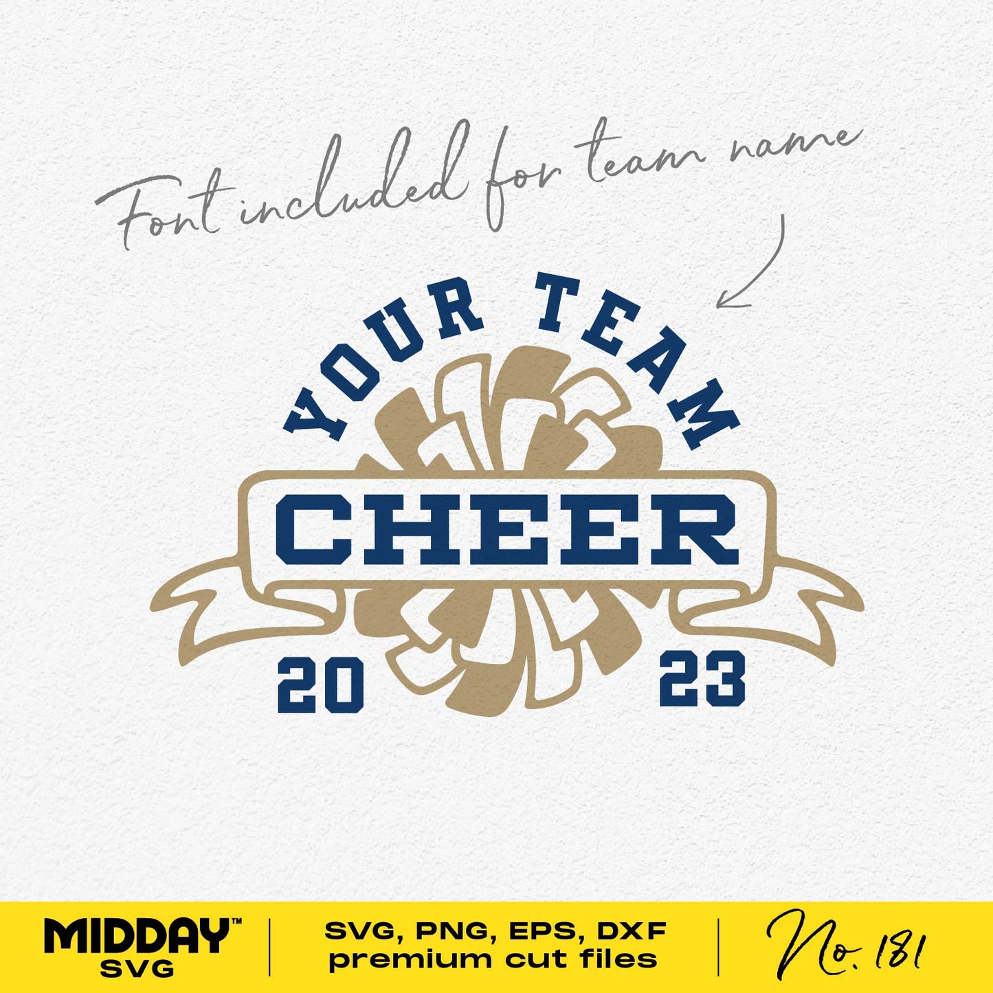 Customizable cheer team template with 2023 banner, pom poms, and font included. Ideal for creating spirited team designs.
