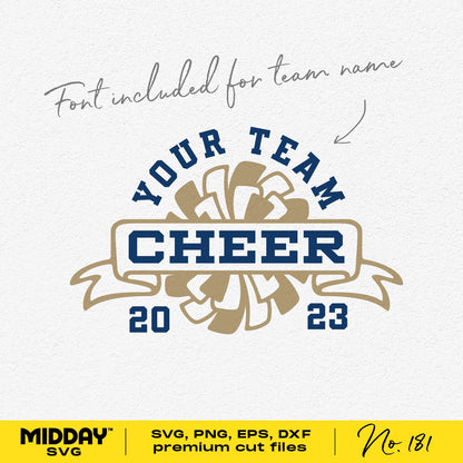 Customizable cheer team template with 2023 banner, pom poms, and font included. Ideal for creating spirited team designs.