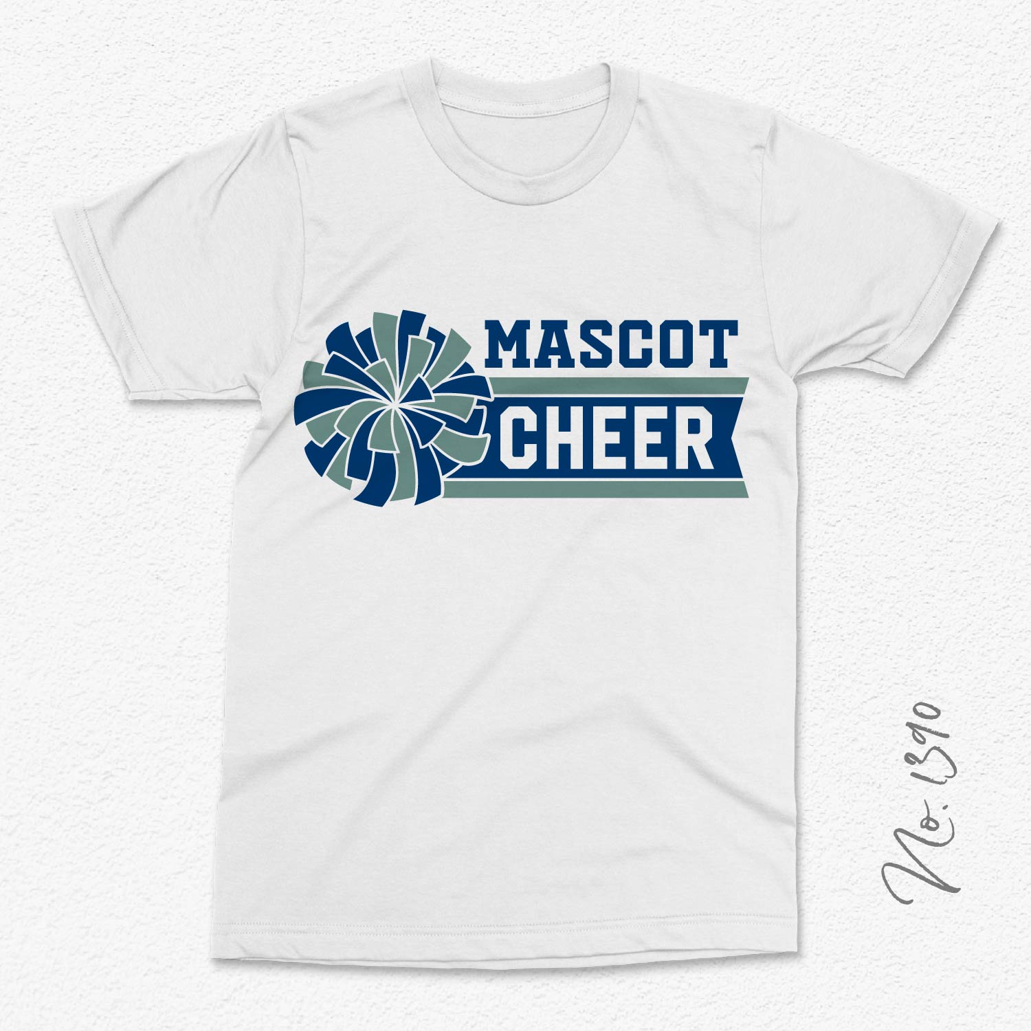 Customizable mascot cheerleading t-shirt template with pom poms design, perfect for adding team spirit with personalized text or logos.
