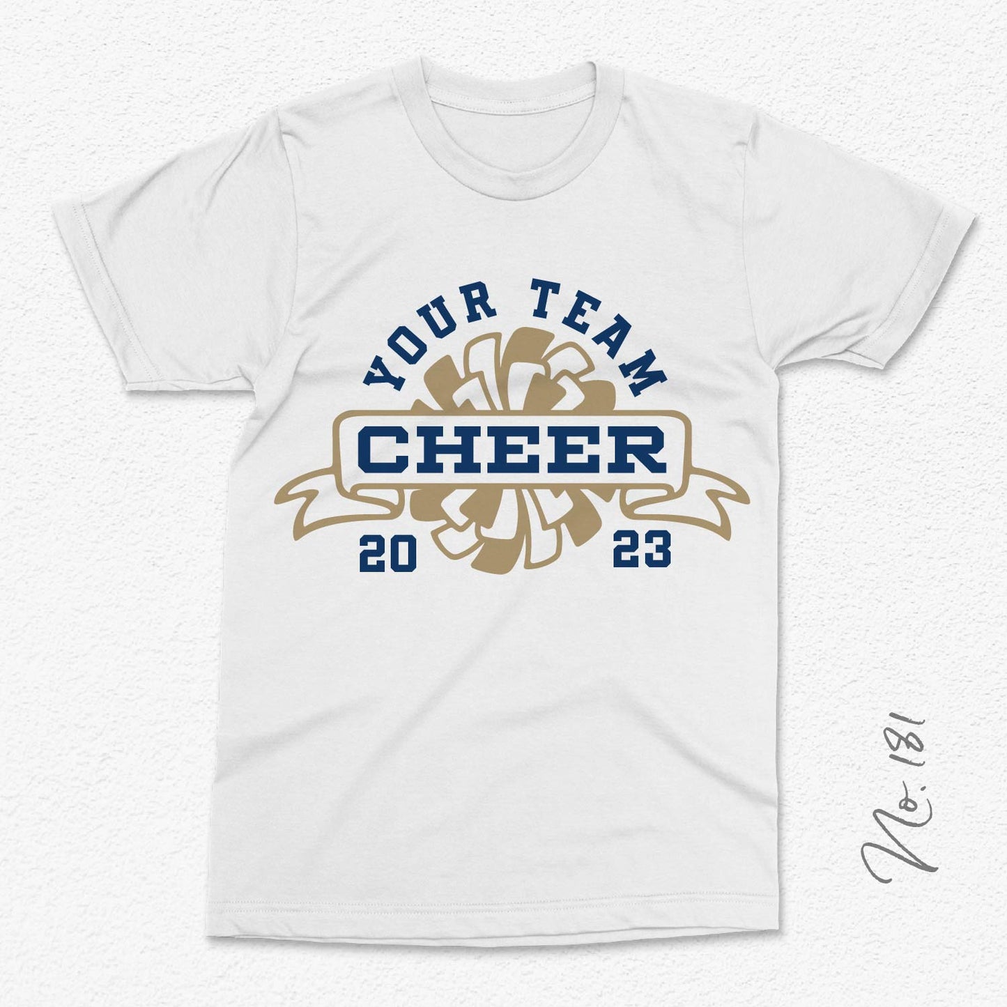 Customizable cheer team T-shirt design with 'Your Team Cheer 2023' text and pom pom graphic, ideal for boosting team spirit.