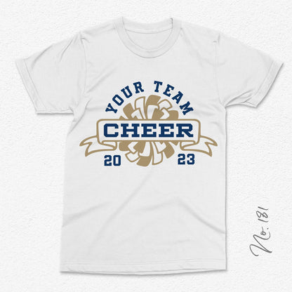 Customizable cheer team T-shirt design with 'Your Team Cheer 2023' text and pom pom graphic, ideal for boosting team spirit.