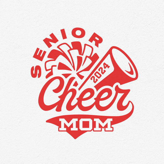 Red and white senior cheer mom design with megaphone and pom-pom, perfect for showing team spirit. Includes 2024 text.