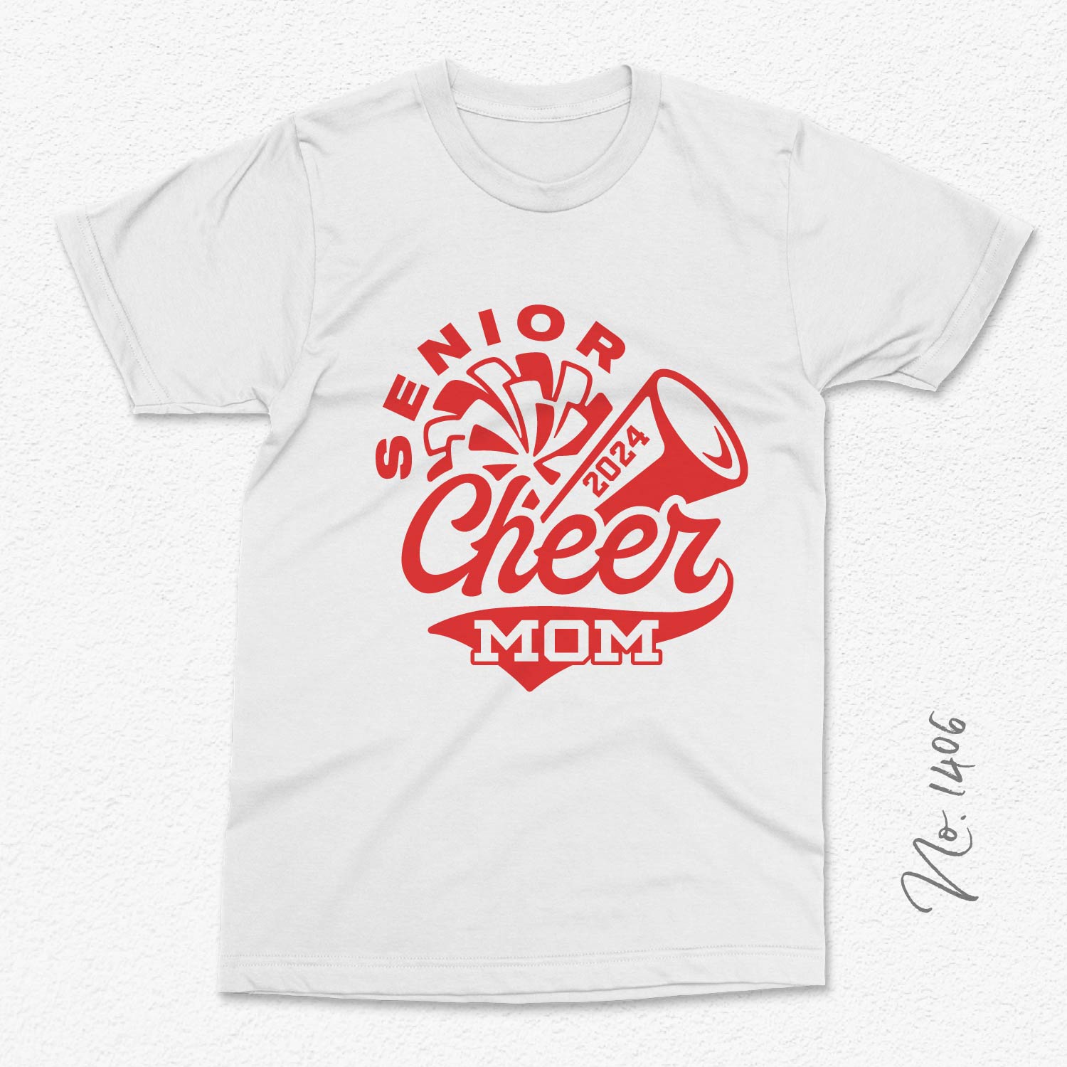 White t-shirt with 'Senior Cheer Mom 2024' design in red, featuring a megaphone and starburst, perfect for cheerleader moms.