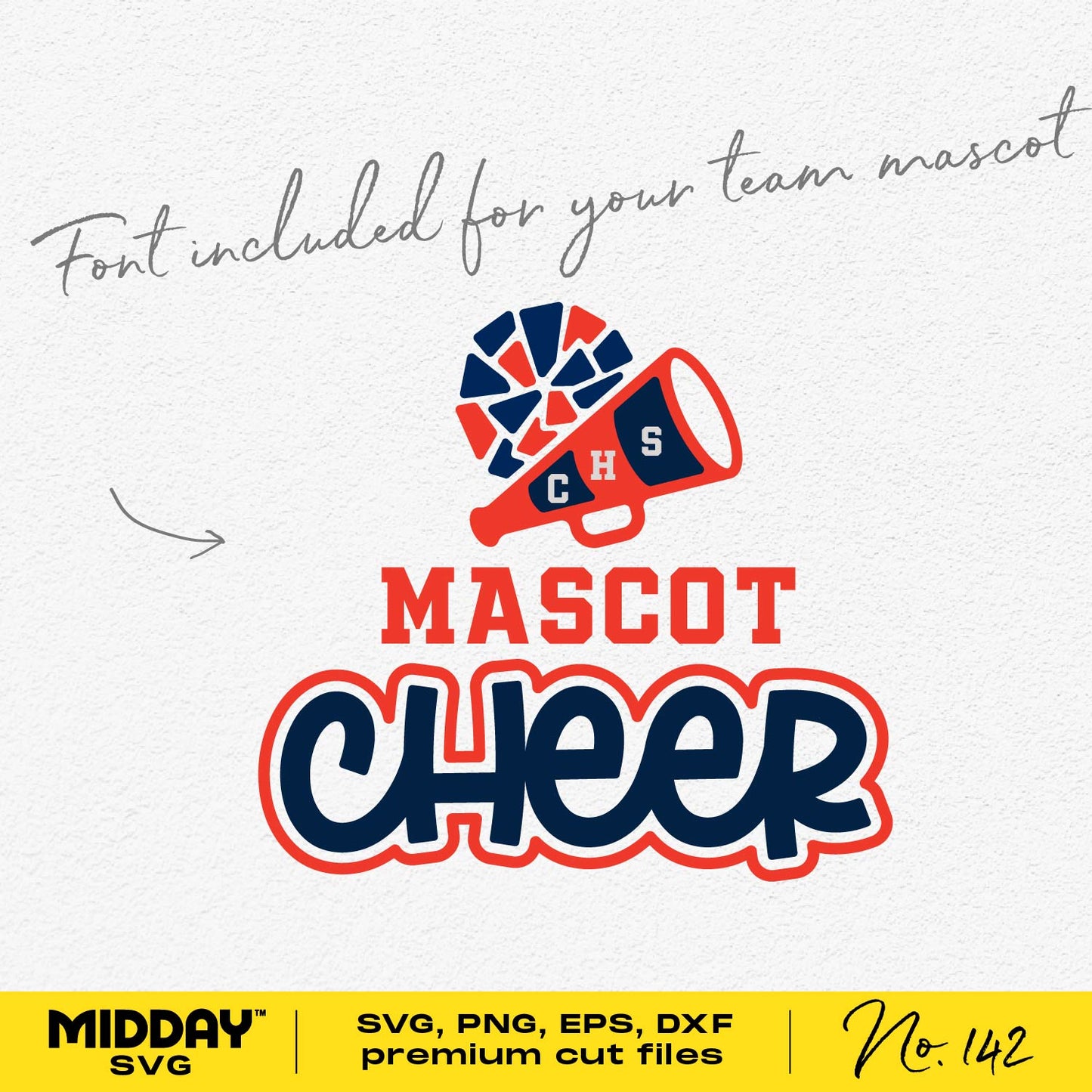 Customizable Mascot Cheer design with megaphone, perfect for team spirit apparel, banners, and more; includes SVG, PNG, EPS, DXF files.