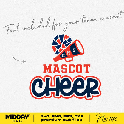 Customizable Mascot Cheer design with megaphone, perfect for team spirit apparel, banners, and more; includes SVG, PNG, EPS, DXF files.