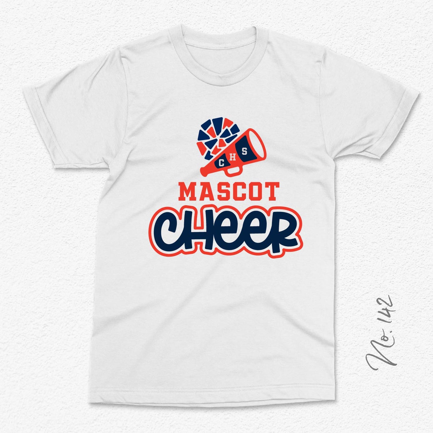 White t-shirt featuring customizable Mascot Cheer design with megaphone and cheerleader graphics.