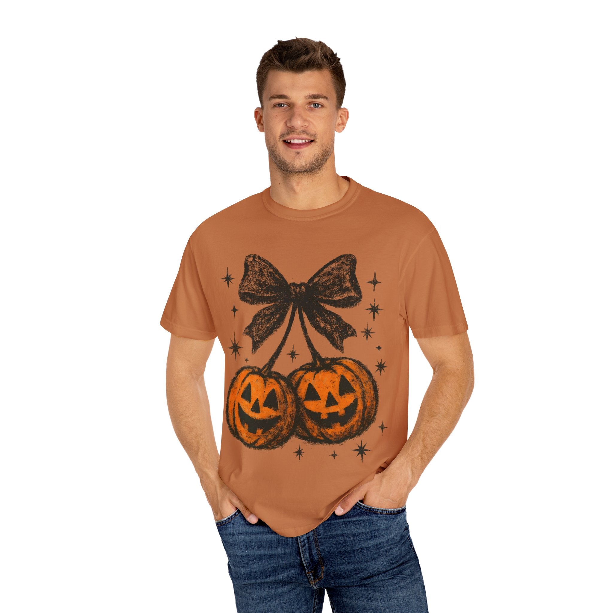 Cherries Pumpkin Comfort Colors® T-shirt, Halloween Jack O Lantern Gift, Fall Coquette Bow, Pumpkin Season Shirt, Cozy Autumn Tee
