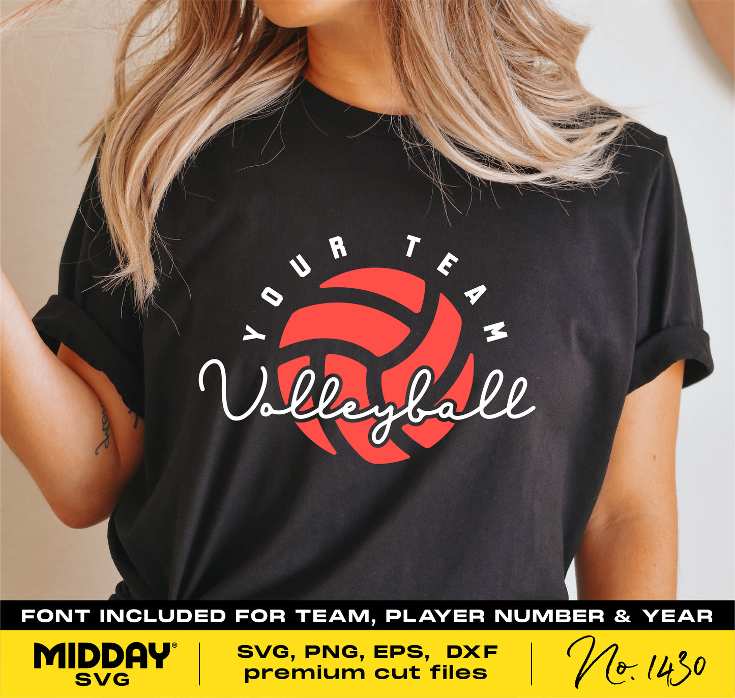Woman wearing black shirt with "Your Team Volleyball" svg design, featuring a red volleyball graphic. DIY template for Cricut and sublimation.
