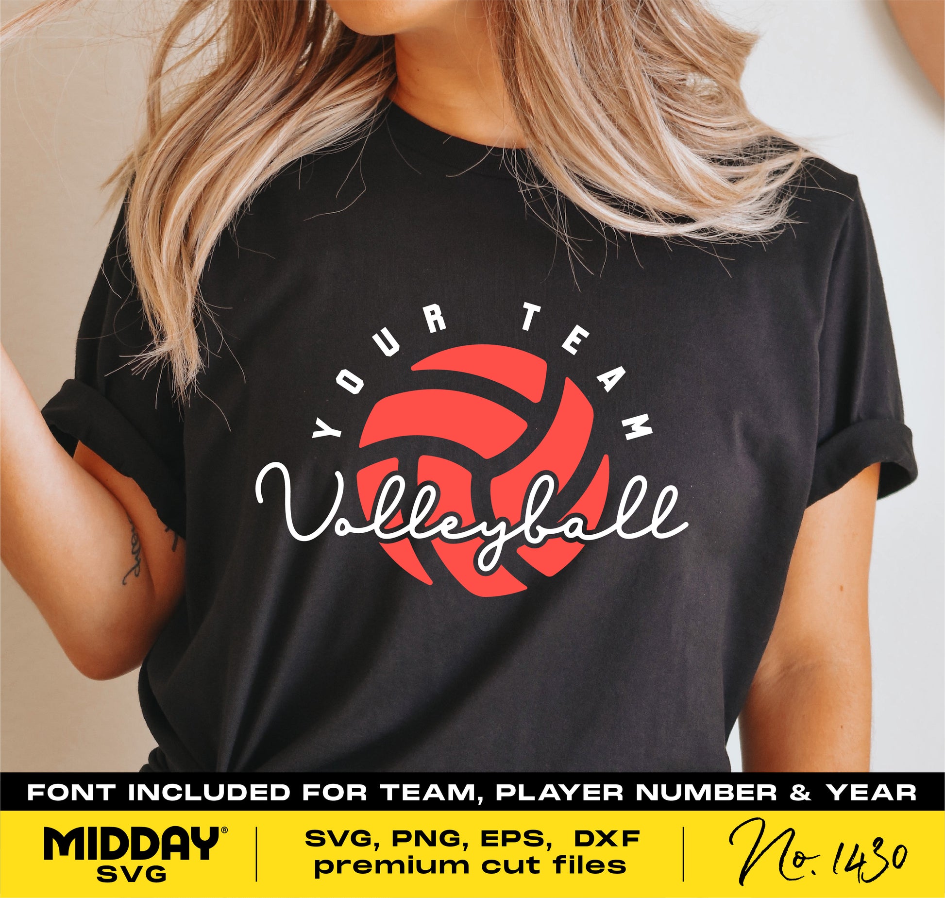 Woman wearing black shirt with "Your Team Volleyball" svg design, featuring a red volleyball graphic. DIY template for Cricut and sublimation.