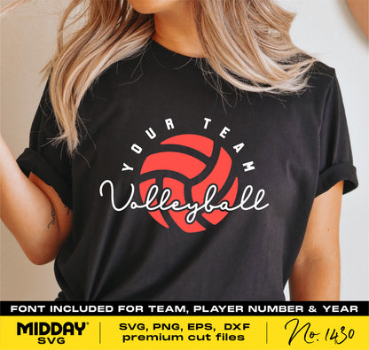 Woman wearing black shirt with "Your Team Volleyball" svg design, featuring a red volleyball graphic. DIY template for Cricut and sublimation.