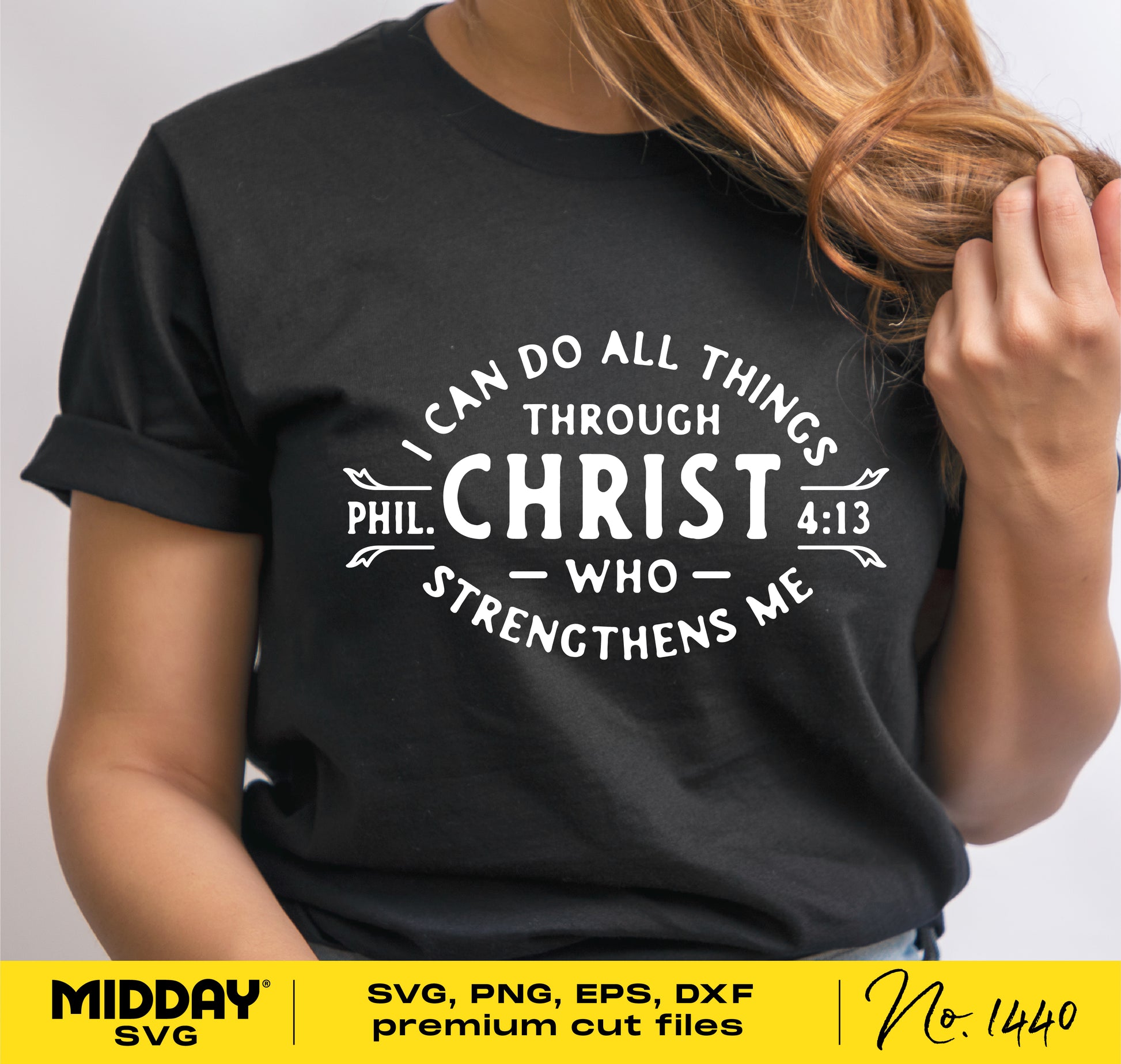 Woman wearing t-shirt with Philippians 4:13 Bible verse, "I can do all things through Christ who strengthens me."