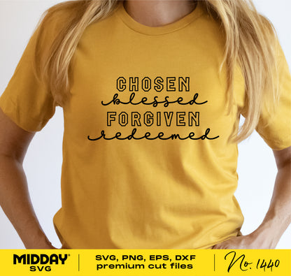 Woman wearing yellow shirt with 'Chosen Blessed Forgiven Redeemed' text, featuring Christian SVG cut design for Cricut and Silhouette.