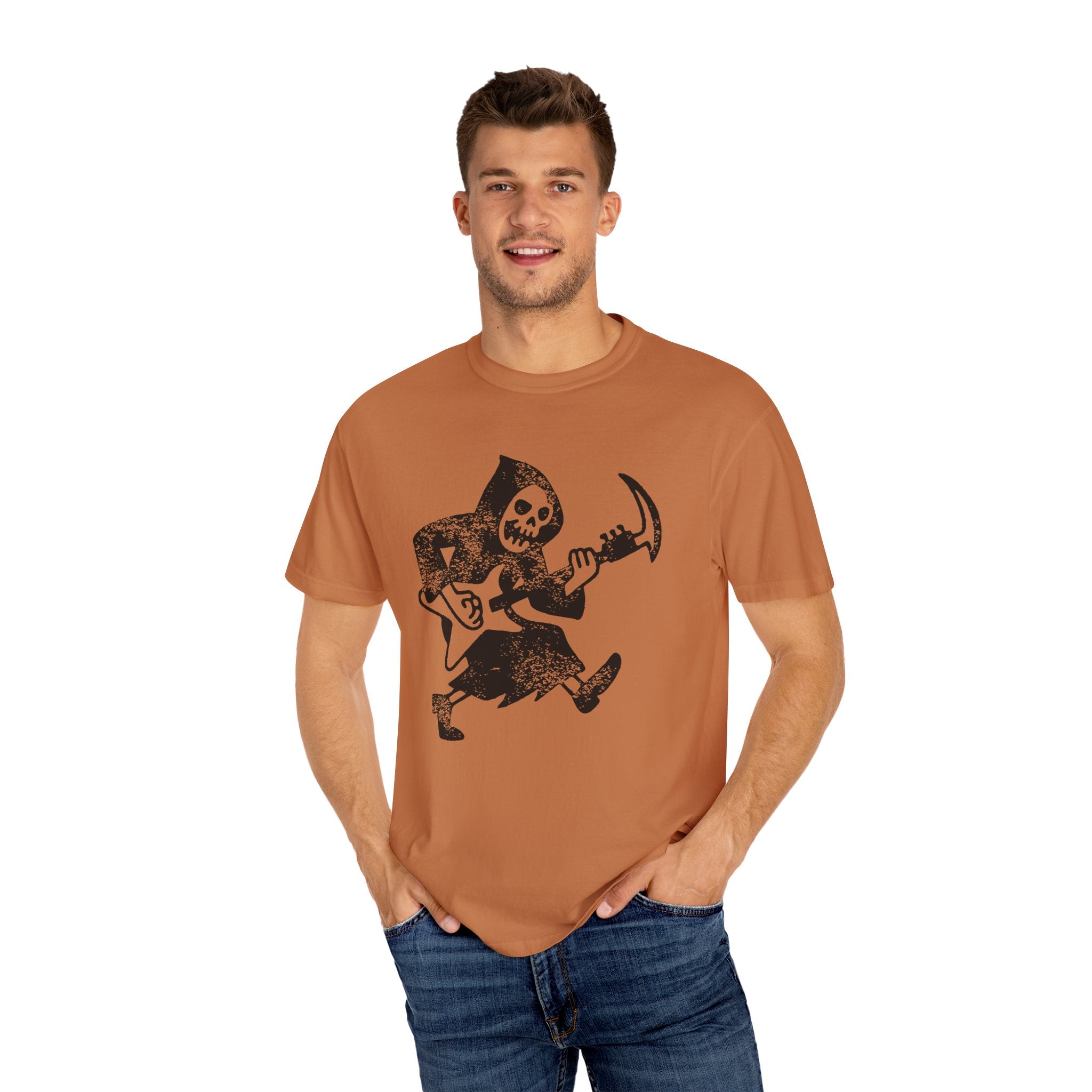 Grim Reaper Guitar Tee, Funny Halloween Unisex Shirt, Rocker T-shirt, Halloween Graphic Tee, Music Lover Gift, Halloween Costume Shirt