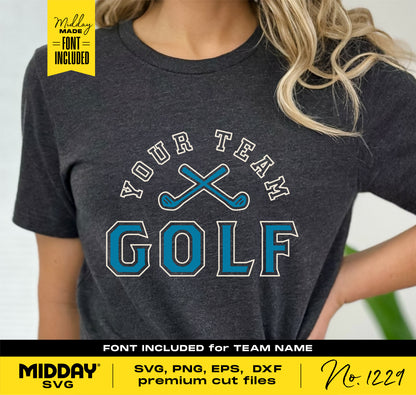 Person wearing a dark t-shirt with 'Your Team Golf' text and crossed clubs, part of a premium SVG design bundle for Cricut projects.