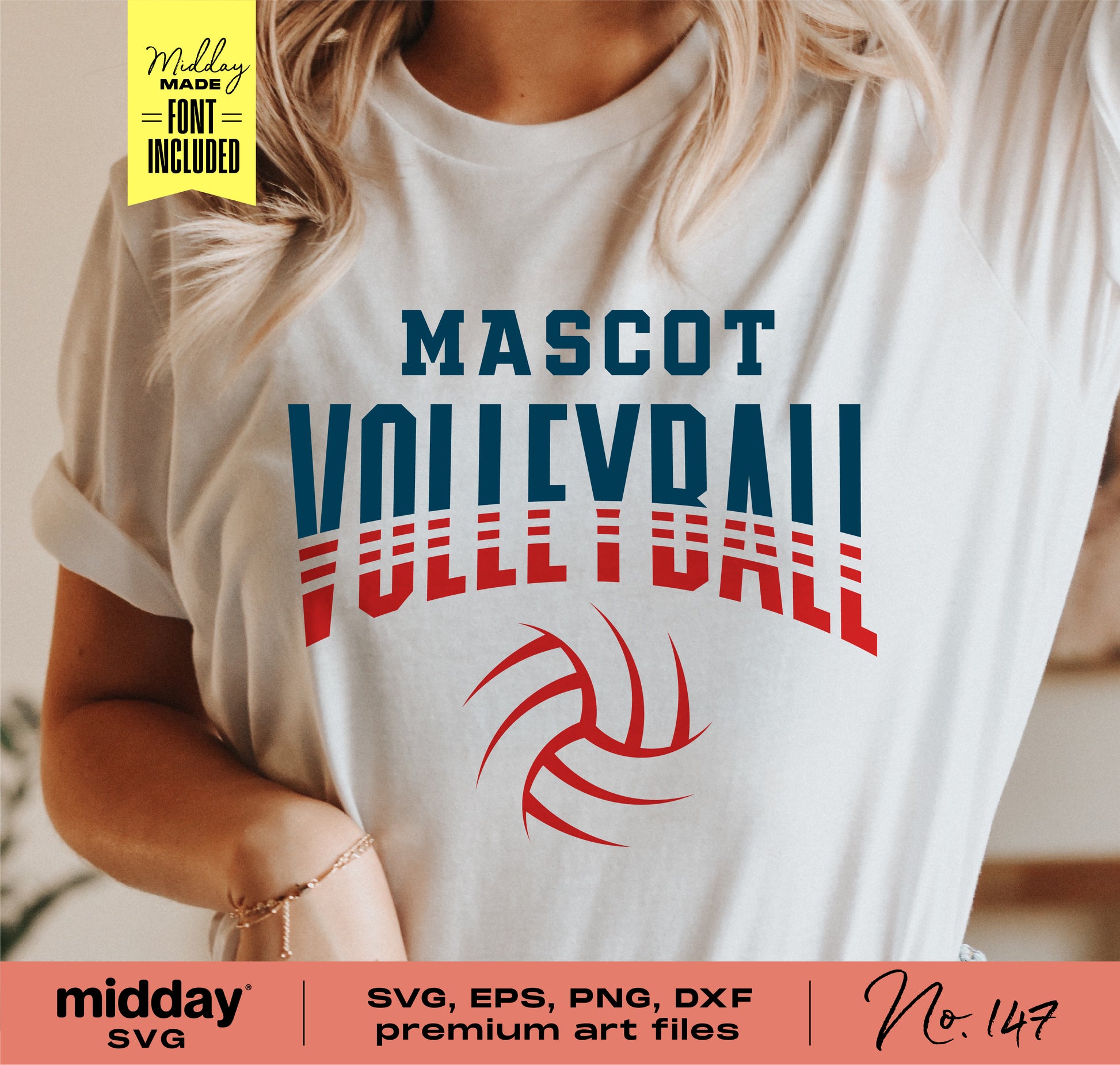 Person wearing a white t-shirt with a volleyball-themed design, offering SVG, EPS, PNG, and DXF files for DIY sports projects.