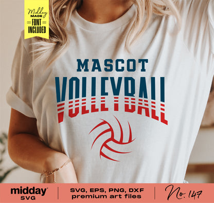 Person wearing a white t-shirt with a volleyball-themed design, offering SVG, EPS, PNG, and DXF files for DIY sports projects.