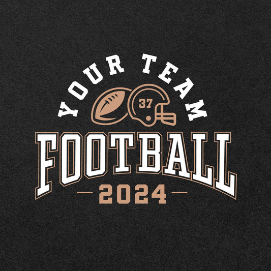 Football team template design featuring customizable helmet, ball, and year 2024 text with bold fonts on a dark background.