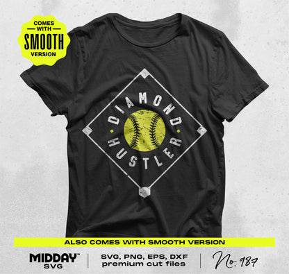 Black t-shirt featuring Diamond Hustle design from Ultimate Softball SVG PNG Bundle Vol. 3, perfect for softball enthusiasts and crafters.