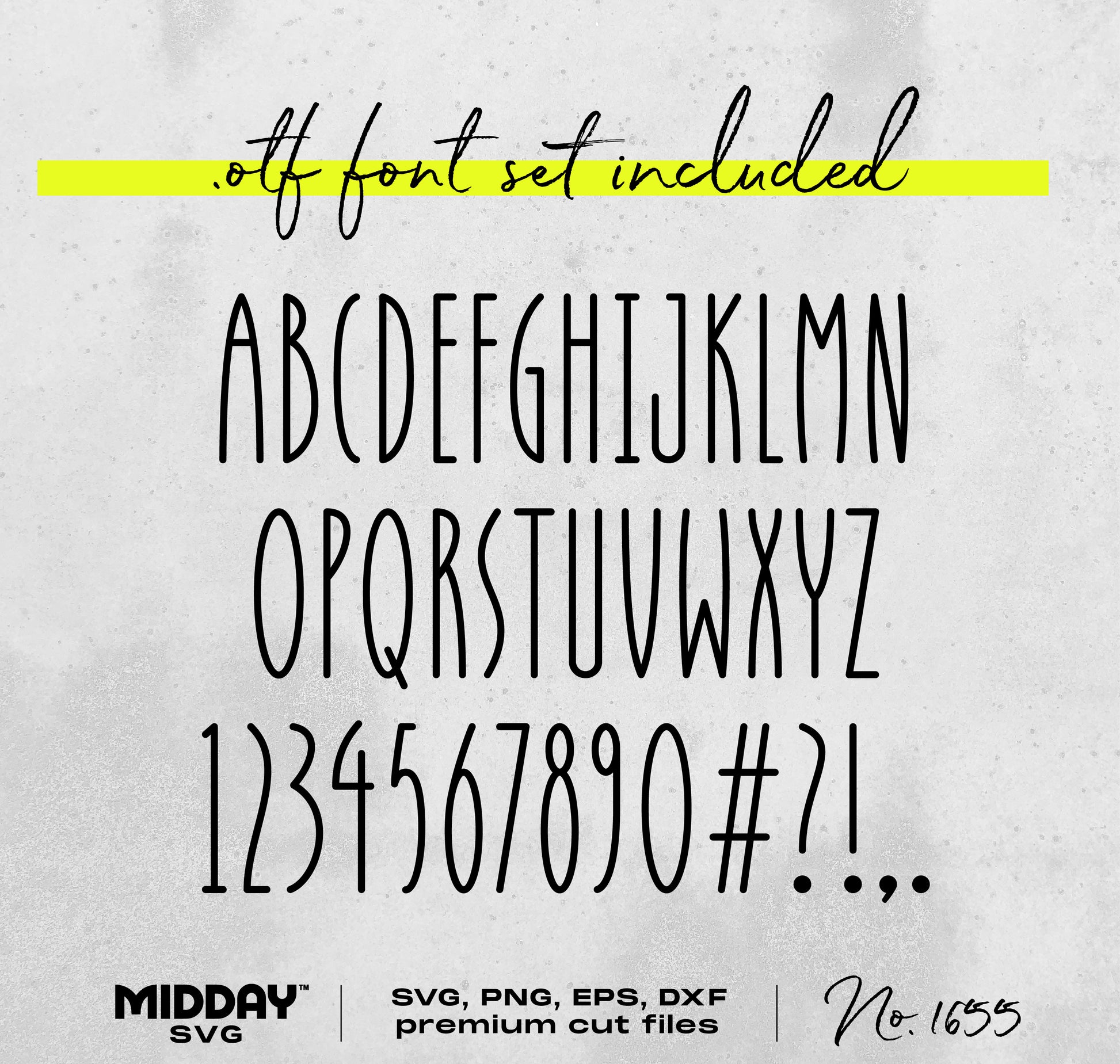Stylish serif font set including letters, numbers, and symbols in SVG, PNG, EPS, DXF formats. OTF font included, No. 1655.
