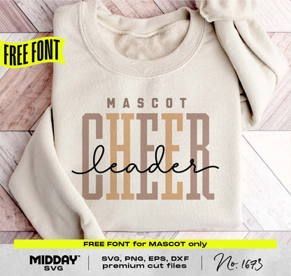 Cheerleader shirt with mascot design, featuring SVG, PNG, EPS, DXF cut files for Cricut and Silhouette, free font included.