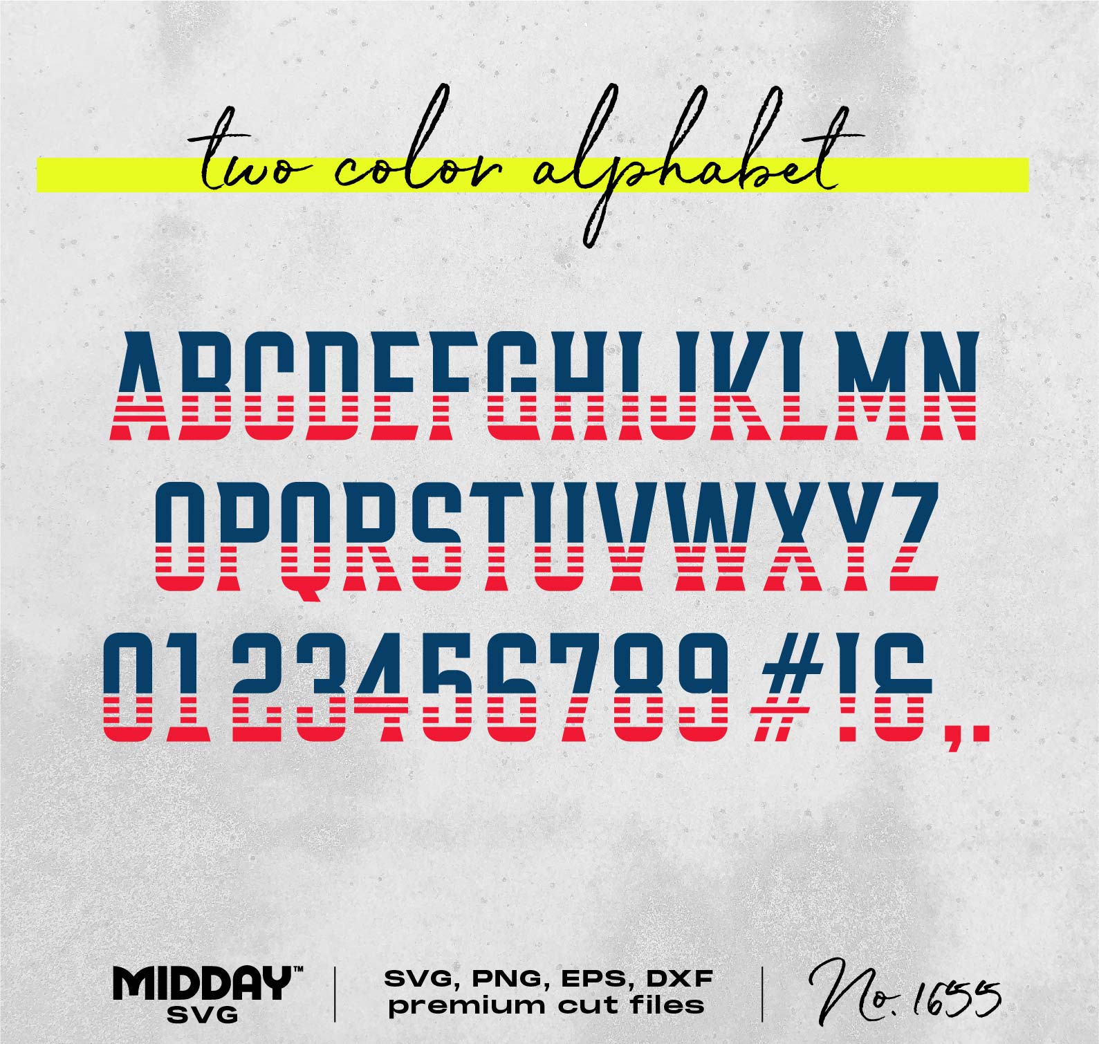 Two color alphabet design with blue and red striped letters and numbers, SVG, PNG, EPS, DXF cut files by Midday SVG.