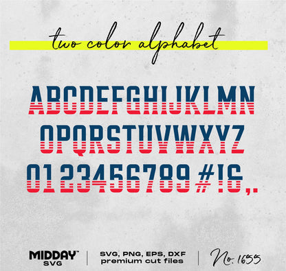 Two color alphabet design with blue and red striped letters and numbers, SVG, PNG, EPS, DXF cut files by Midday SVG.