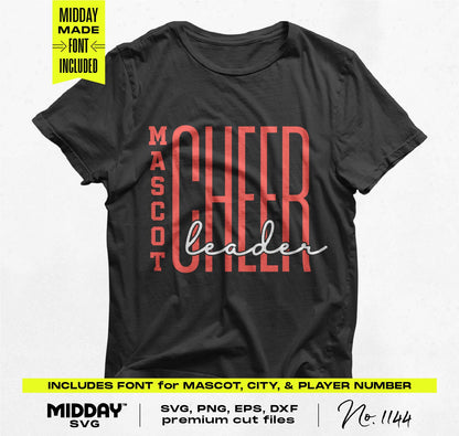 Black cheerleader shirt with red and white 'Mascot CHEER leader' design, suitable for Cricut and Silhouette cutting projects.