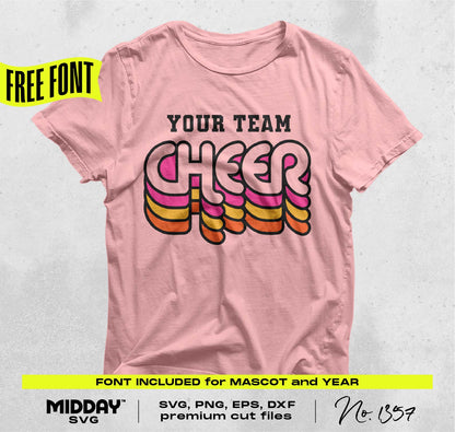 Pink shirt with 'Your Team Cheer' design using retro font, included in SVG, PNG, EPS, DXF cut files for personalized cheer team projects.