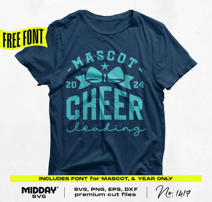 Navy cheerleading shirt with 'Mascot Cheerleading 2024' design, free font offer; suitable for SVG, PNG, EPS, and DXF cut files.