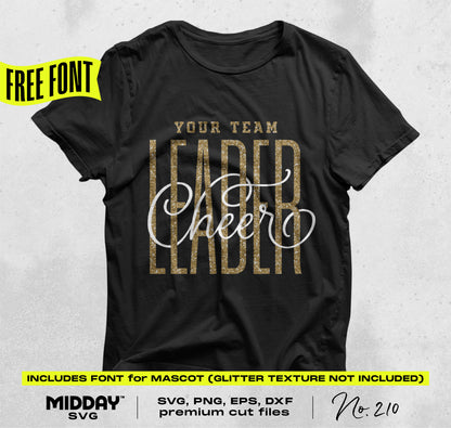 Black shirt with 'Your Team Cheer Leader' design, featuring SVG, PNG, EPS, DXF formats. Free font included, glitter texture not included.