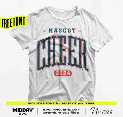 White T-shirt with 'Mascot Cheer 2024' design, showcasing customizable SVG, PNG, EPS, DXF files with free fonts included.