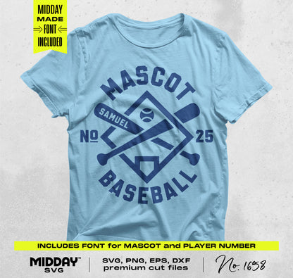 Blue t-shirt with Mascot Baseball design, includes customizable font for name and number, ideal for personalized sports apparel.