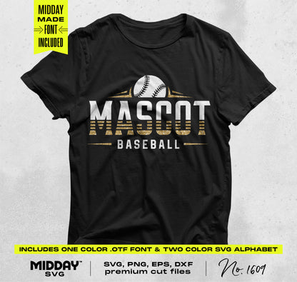 Black t-shirt featuring 'Mascot Baseball' design with baseball graphic, includes SVG, PNG, EPS, DXF files and font. Perfect for crafting.