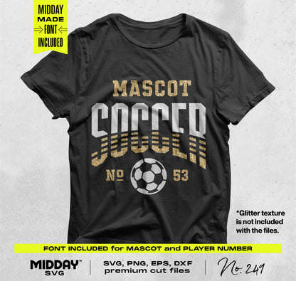 Black t-shirt with 'Mascot Soccer No. 53' design, featuring a soccer ball and customization options, DIY template for sports apparel.