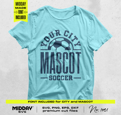Soccer t-shirt template with customizable city and mascot text, including SVG, PNG, EPS, DXF files.