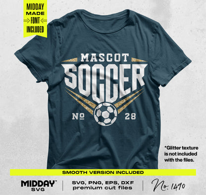 "Soccer SVG PNG Bundle V2 graphic on a dark T-shirt, featuring a bold soccer design with customizable mascot and team number."