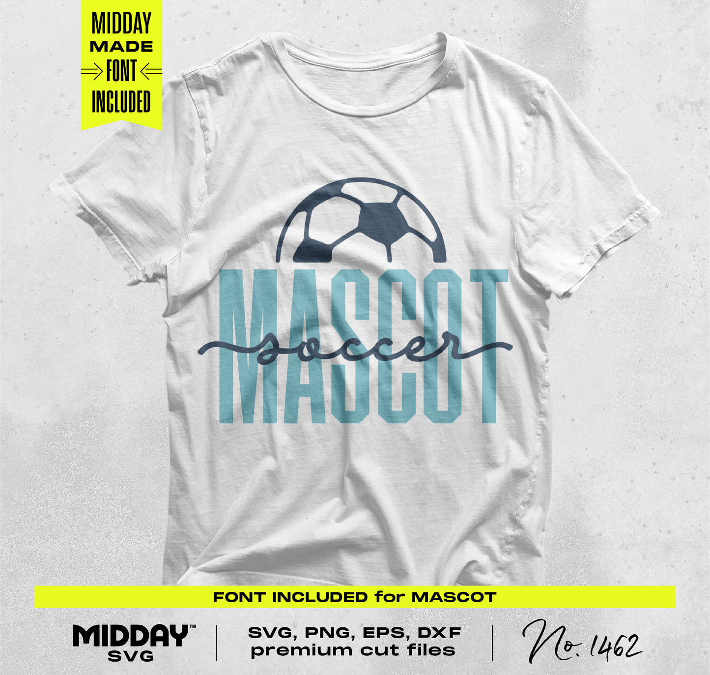 White t-shirt with soccer ball and 'Mascot Soccer' text in blue, part of Soccer SVG PNG Bundle V3 for DIY digital templates.