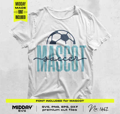 White t-shirt with soccer ball and 'Mascot Soccer' text in blue, part of Soccer SVG PNG Bundle V3 for DIY digital templates.
