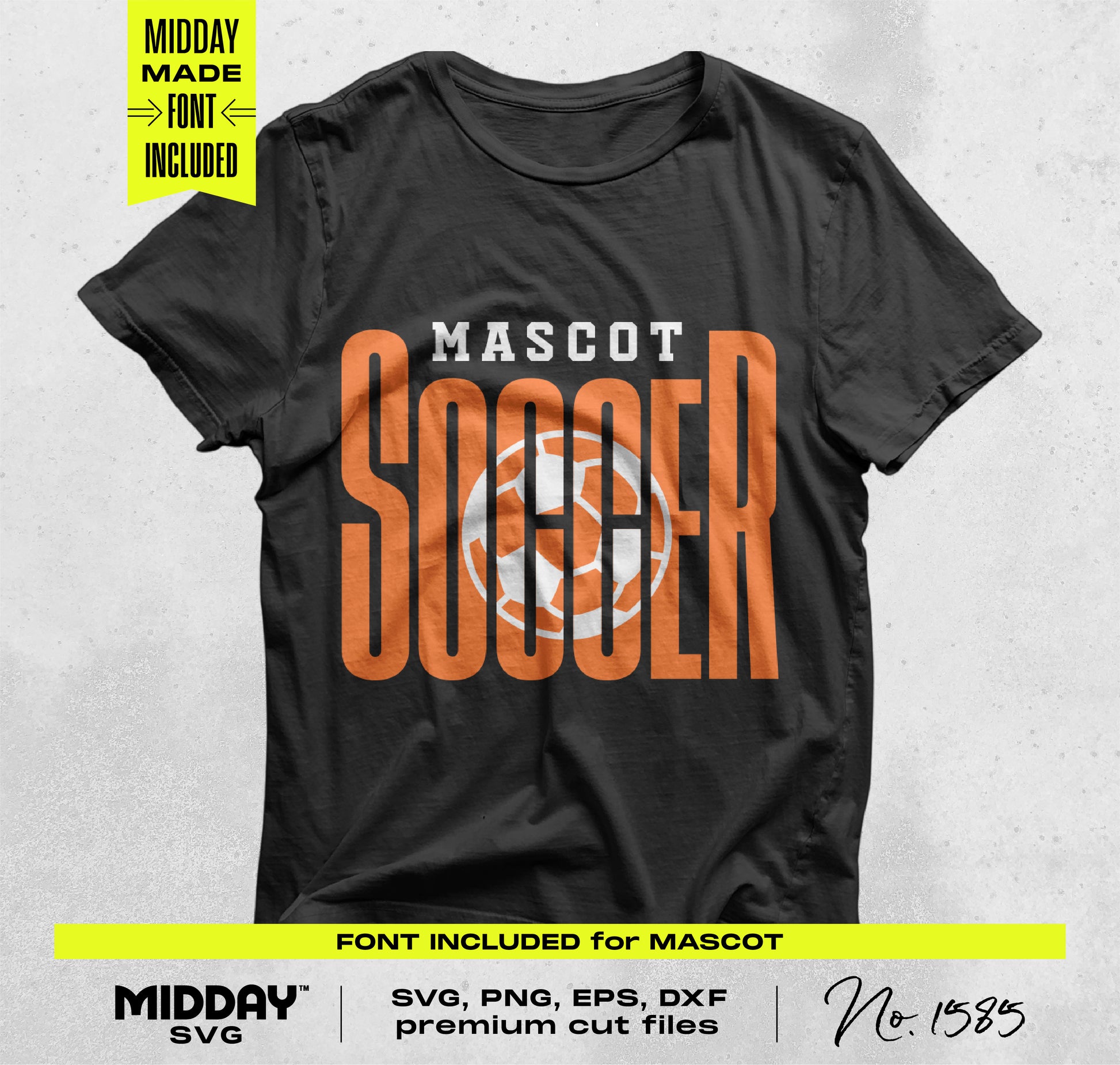 Black t-shirt featuring 'Mascot Soccer' text design with orange letters, part of a digital download bundle for DIY soccer projects.