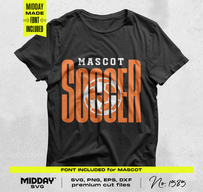 Black t-shirt featuring 'Mascot Soccer' text design with orange letters, part of a digital download bundle for DIY soccer projects.