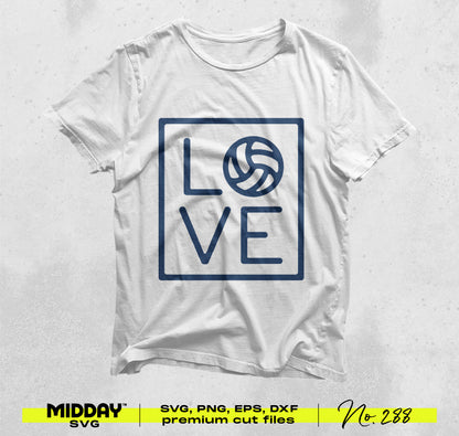 White t-shirt featuring volleyball-themed 'LOVE' design with SVG, PNG, EPS, DXF cut files by Midday SVG for Cricut and Silhouette.