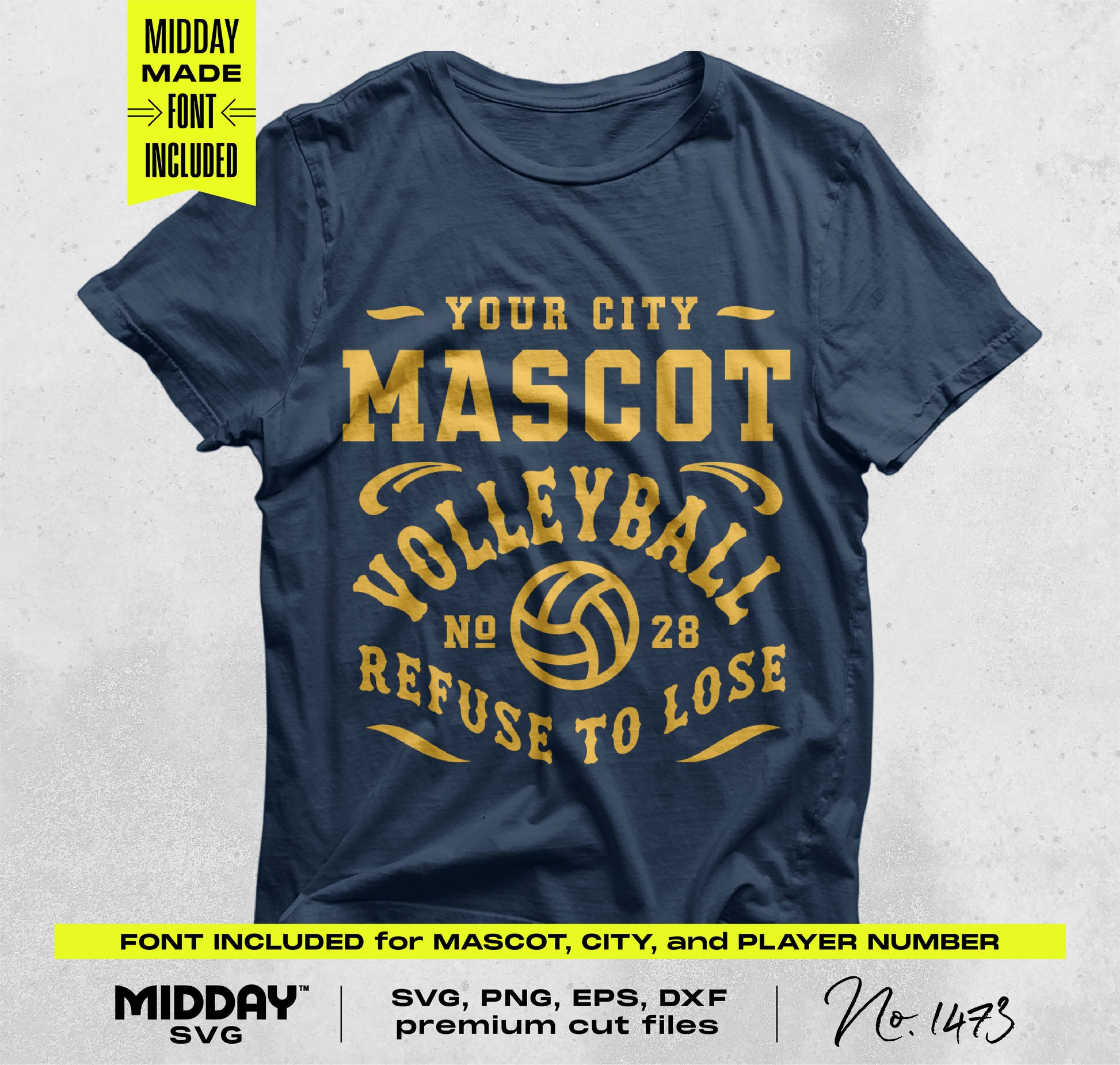 Customizable volleyball team shirt design with "Your City Mascot Volleyball" text and number, includes font package.