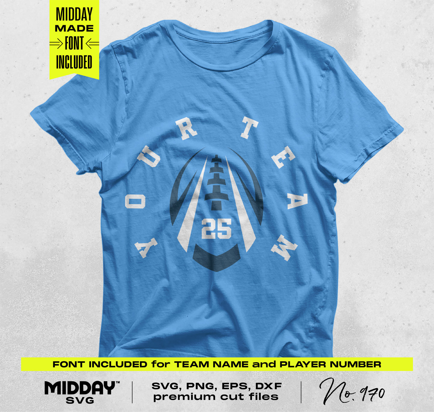 Football SVG PNG bundle design on a blue T-shirt with customizable text and player number.