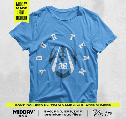 Football SVG PNG bundle design on a blue T-shirt with customizable text and player number.