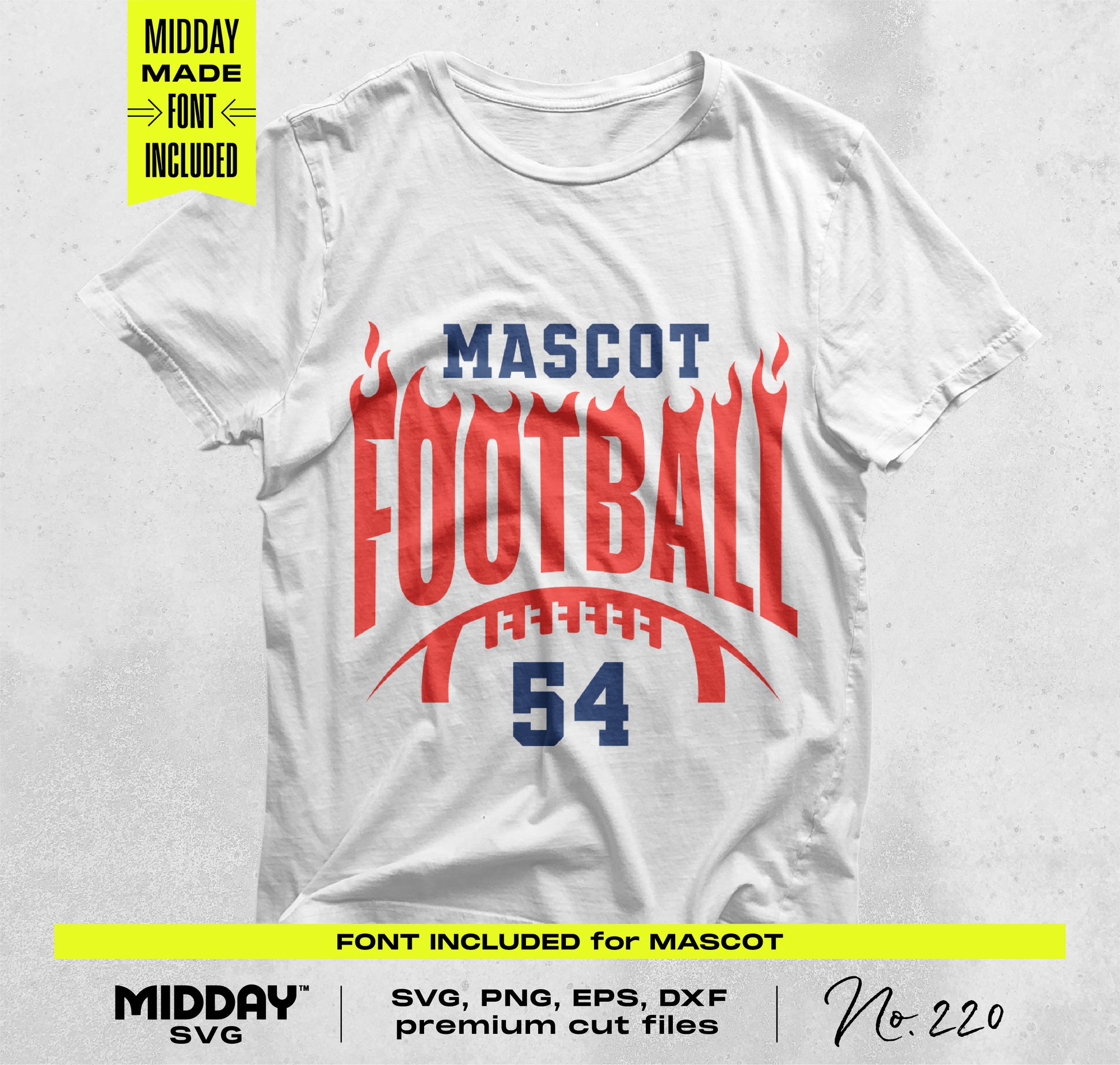 White t-shirt with 'Mascot Football' and number 54 in red font with a customized design, perfect for crafting team apparel.