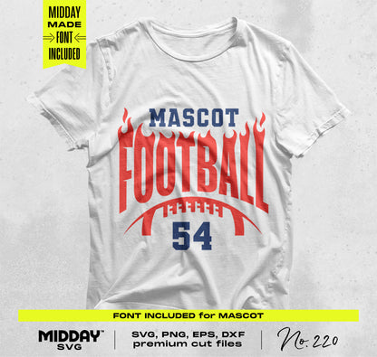 White t-shirt with 'Mascot Football' and number 54 in red font with a customized design, perfect for crafting team apparel.